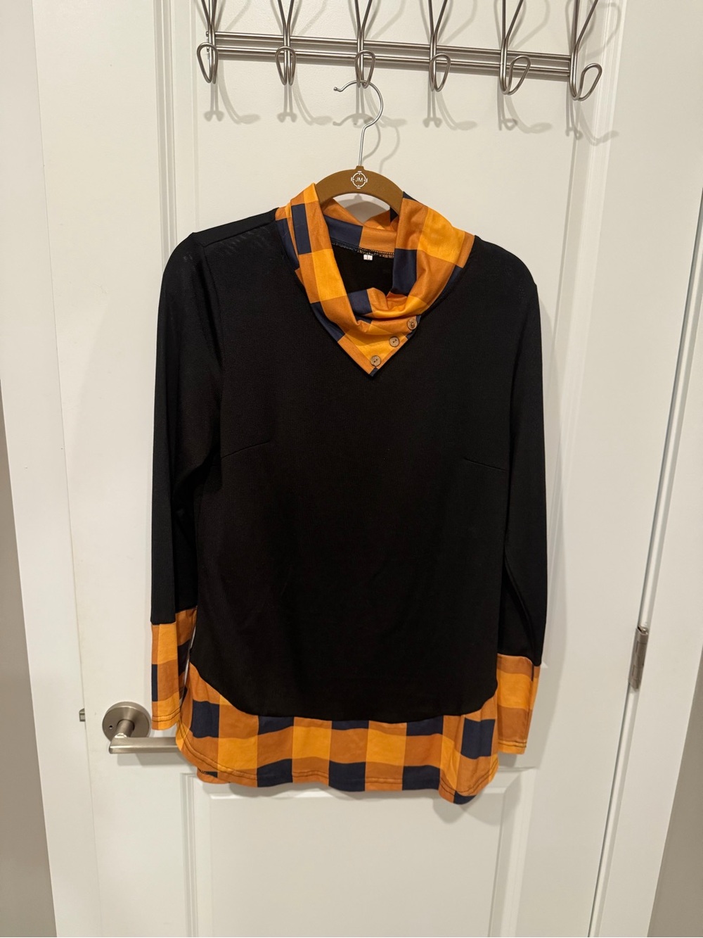 Black Long-Sleeve Top with Orange Plaid Trim Tunic